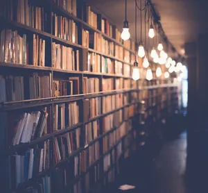 A shelf of books in a library